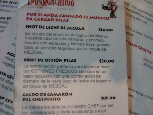 Photo: aguachiles, oyster shot menu | Playa del Carmen March 2011 album |  Timmind