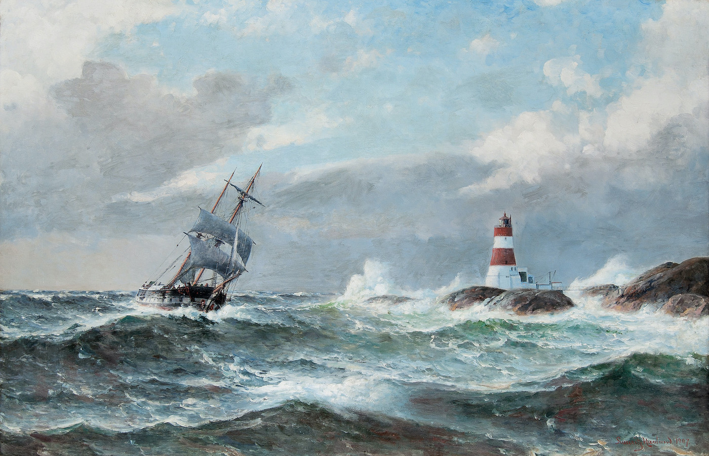 Sailing Ship at Lille Præsteskjær Lighthouse (1907)